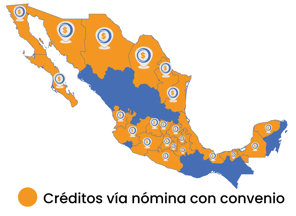 Mapa de la republica como ilustración para indicar los puntos que tienen cobertura en credito
